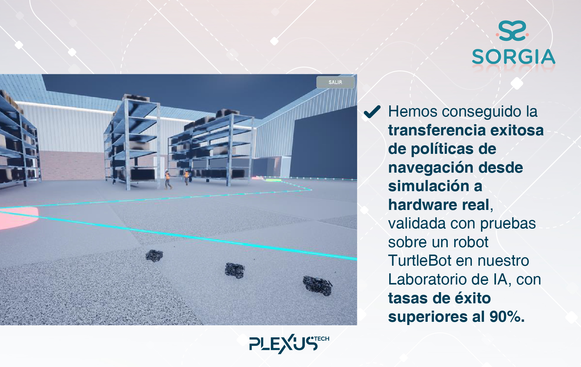 Hemos conseguido la transferencia exitosa de políticas de navegación desde simulación a hardware real, validada con pruebas sobre un robot TurtleBot en nuestro Laboratorio de IA, con tasas de éxito superiores al 90%.