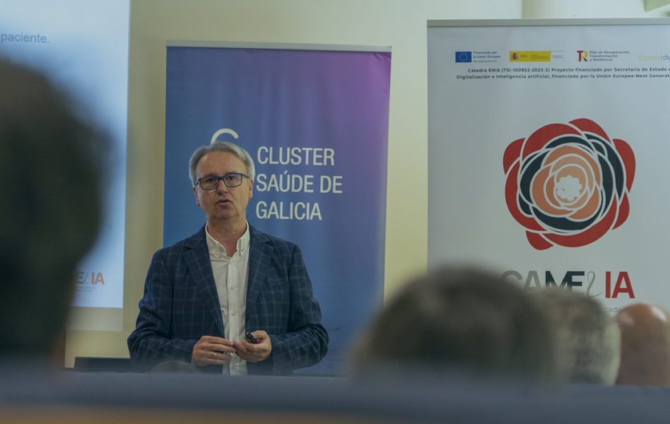 José Manuel Chao, socio-director de Plexus Tech, participó en estas jornadas sobre IA en salud exponiendo el papel que desempeña la inteligencia artificial y la genómica para evolucionar hacia una medicina más personalizada.